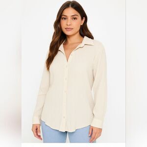 PrettyLittleThing Beige/Cream Crinkle Button Up 10 Shirt Textured L/S